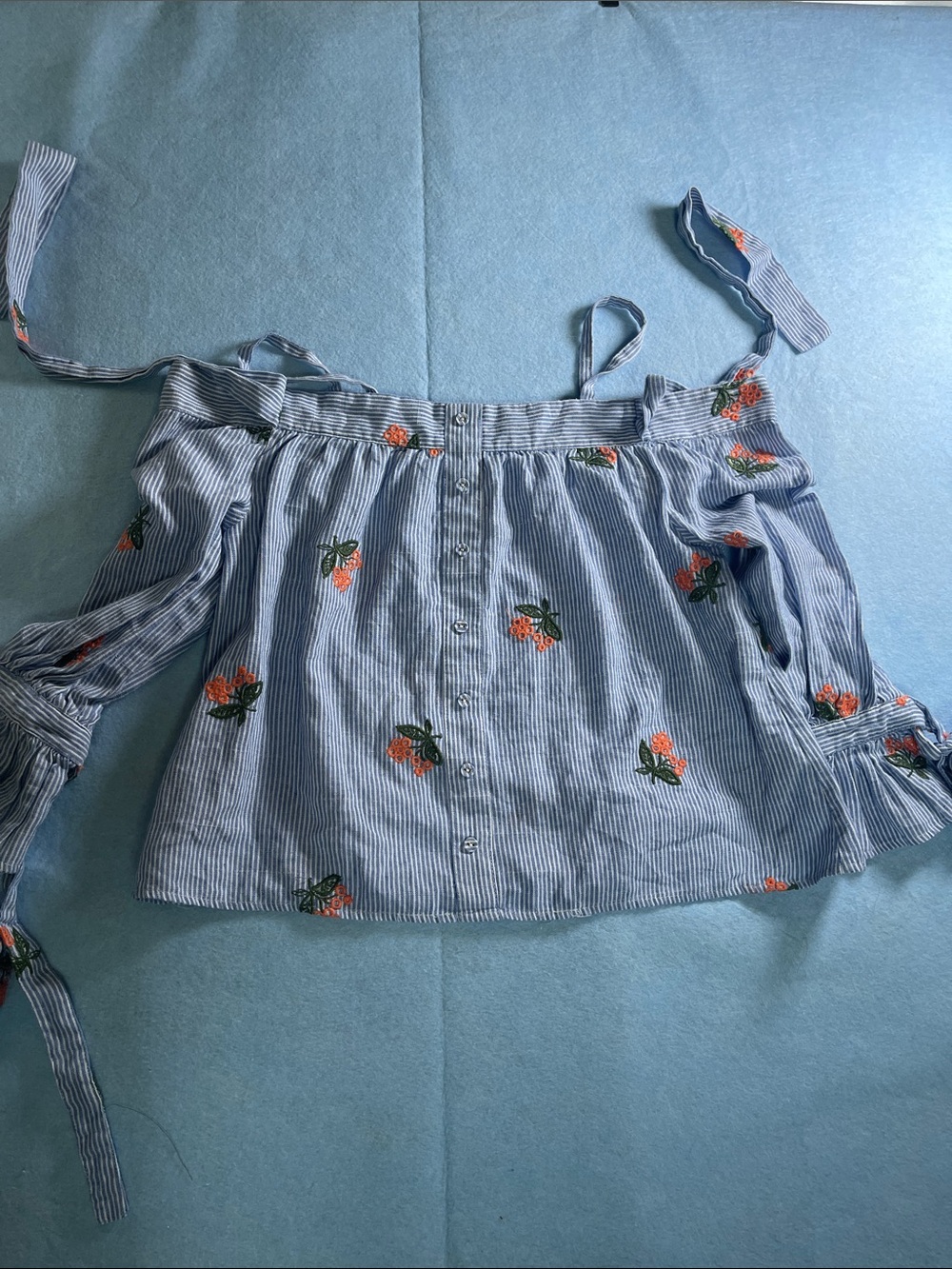 J.O.A. Light Blue Striped Off-Shoulder Floral Button Top